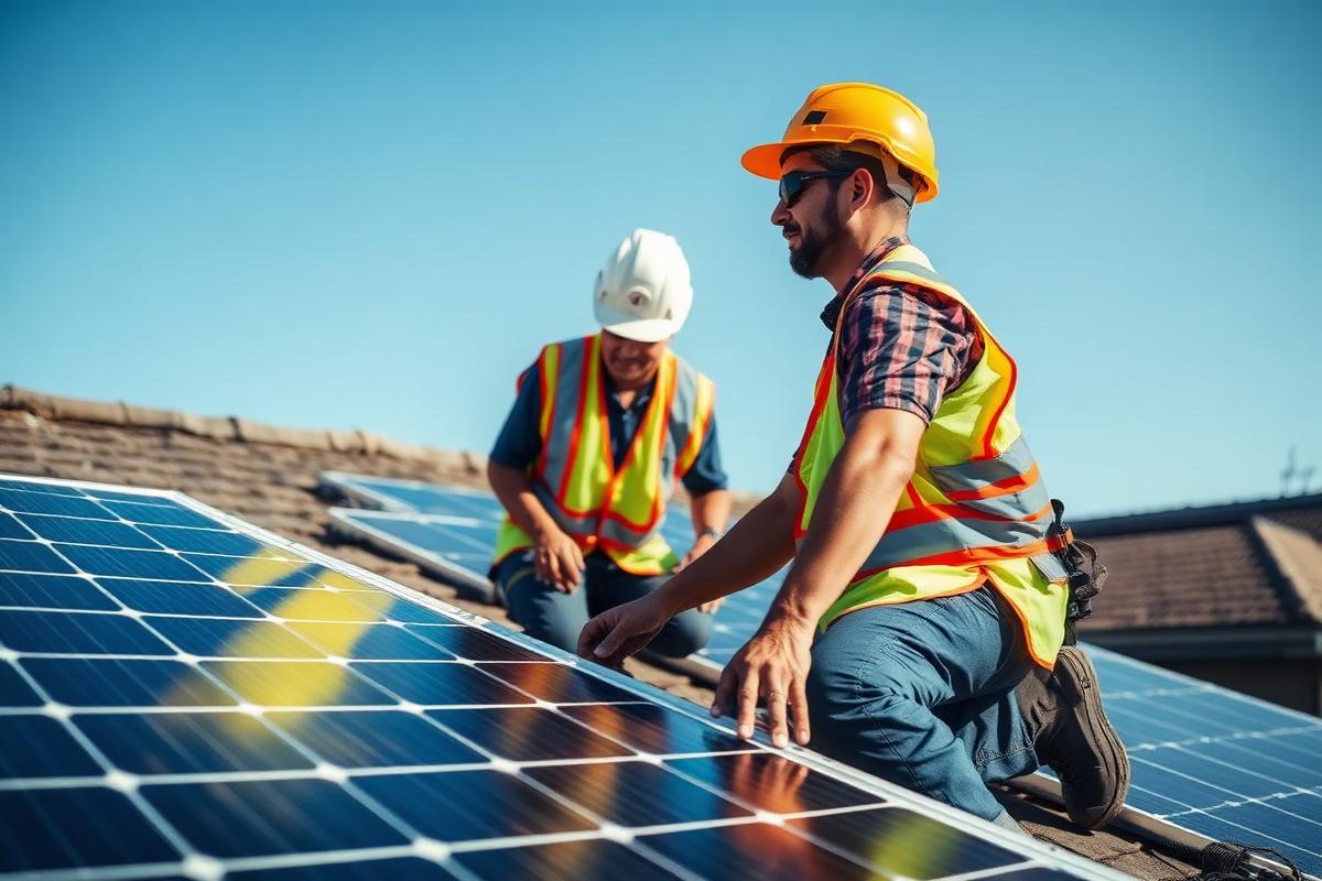 Technicians installing solar panels on a residential rooftop