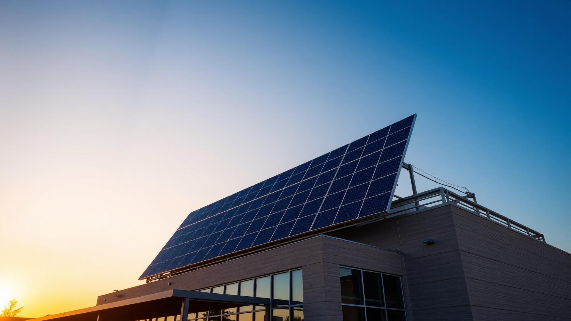 Solar panel array installed on a modern commercial building at sunset